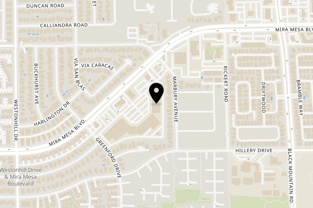 Map showing the location of Siam Nara Thai Cuisine on 8993 Mira Mesa Blvd in San Diego